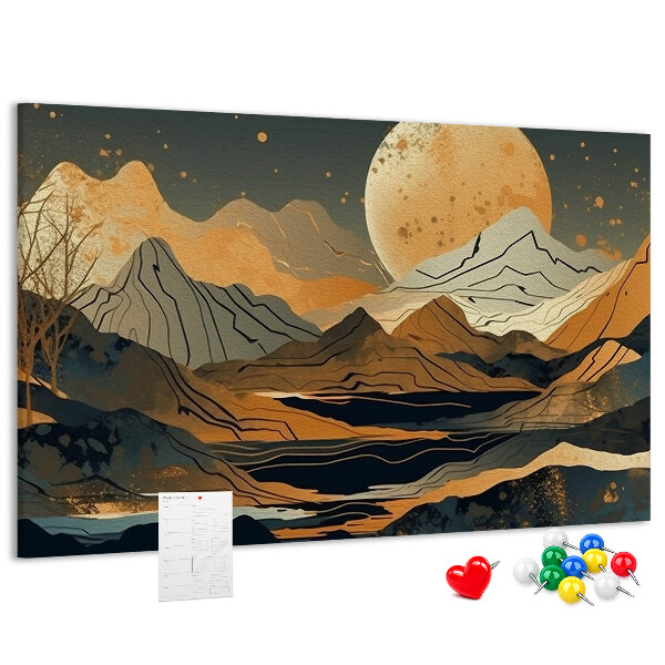 Prikbord met een afbeelding van een berglandschap bij maanlicht