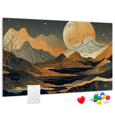 Prikbord met een afbeelding van een berglandschap bij maanlicht