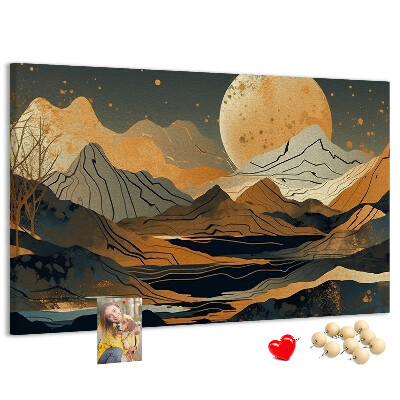 Prikbord met een afbeelding van een berglandschap bij maanlicht