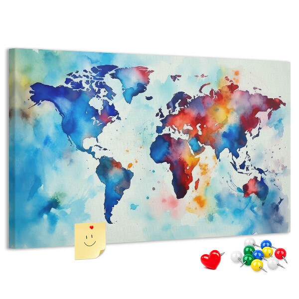 Kurk prikbord met een kleurrijke aquarel wereldkaart