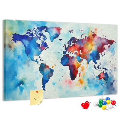 Kurk prikbord met een kleurrijke aquarel wereldkaart