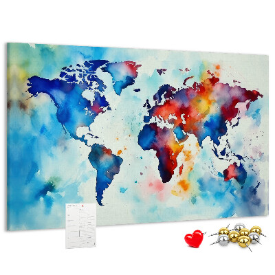 Kurk prikbord met een kleurrijke aquarel wereldkaart