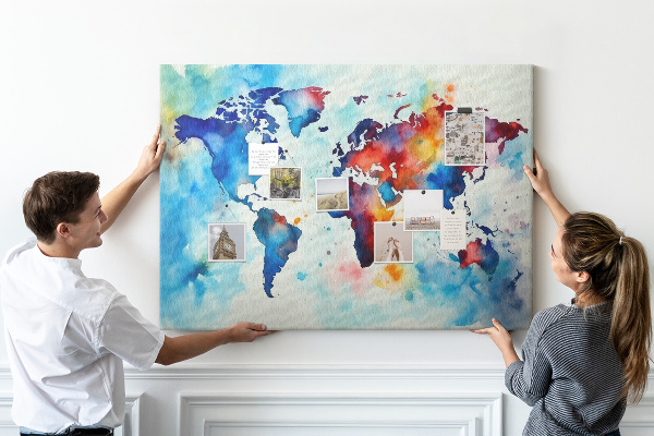 Kurk prikbord met een kleurrijke aquarel wereldkaart