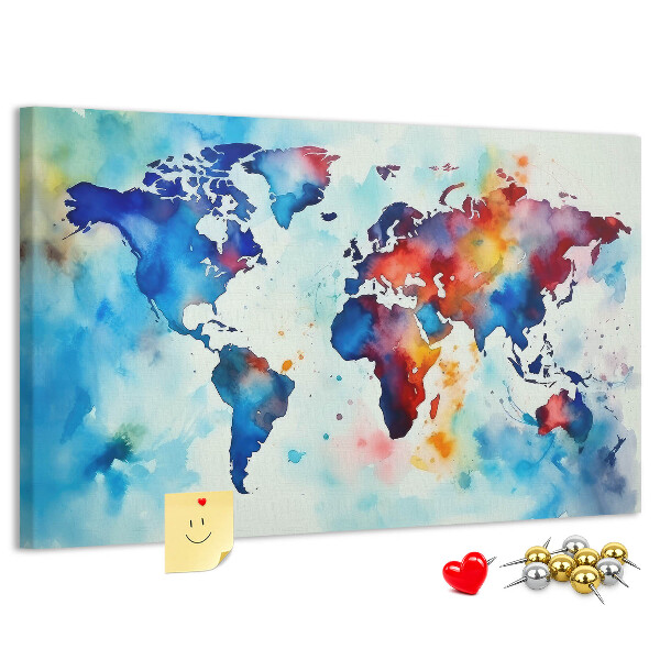 Kurk prikbord met een kleurrijke aquarel wereldkaart