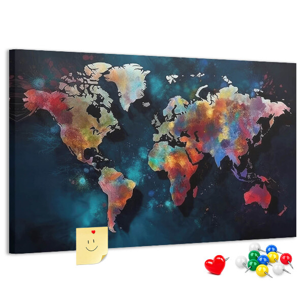 Prikbord wereldkaart in kleur op een donkere achtergrond