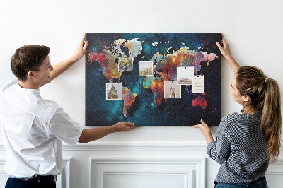 Prikbord wereldkaart in kleur op een donkere achtergrond