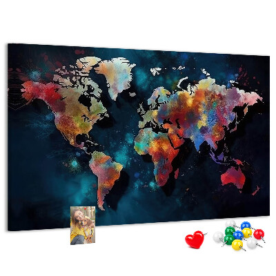 Prikbord wereldkaart in kleur op een donkere achtergrond