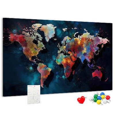Prikbord wereldkaart in kleur op een donkere achtergrond