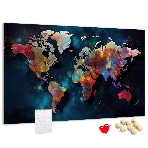 Prikbord wereldkaart in kleur op een donkere achtergrond