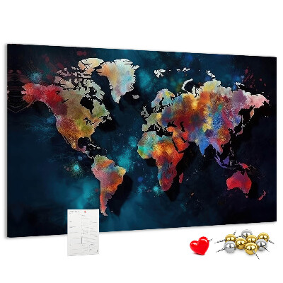 Prikbord wereldkaart in kleur op een donkere achtergrond
