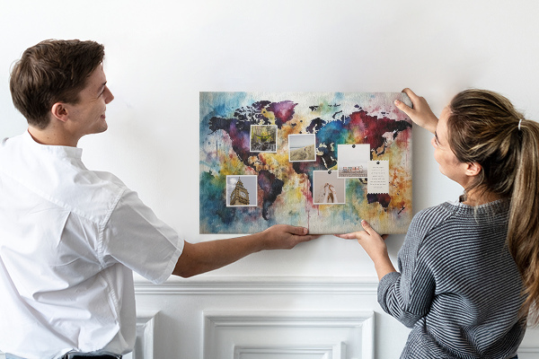 Kurkbord wereldkaart in aquarel-stijl