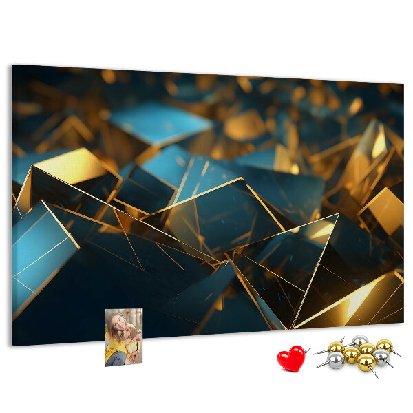 Prikbord met gouden en blauwe geometrische vormen