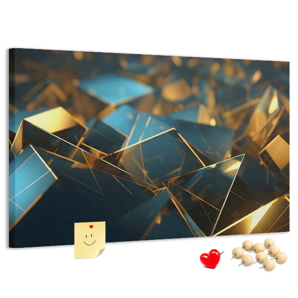 Prikbord met gouden en blauwe geometrische vormen