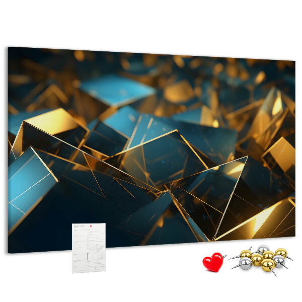 Prikbord met gouden en blauwe geometrische vormen