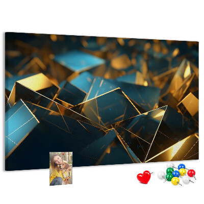 Prikbord met gouden en blauwe geometrische vormen