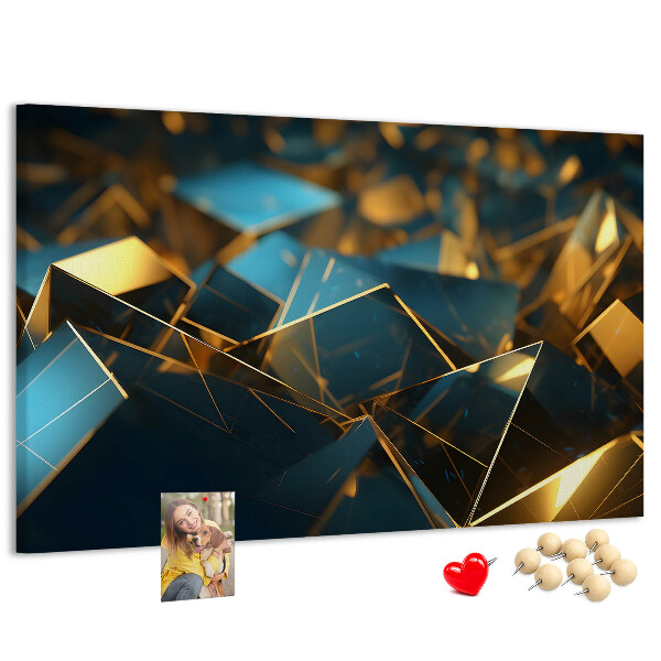 Prikbord met gouden en blauwe geometrische vormen