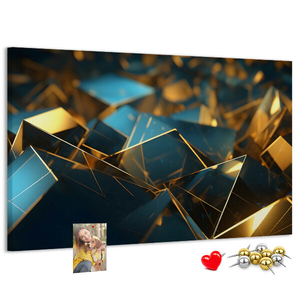 Prikbord met gouden en blauwe geometrische vormen