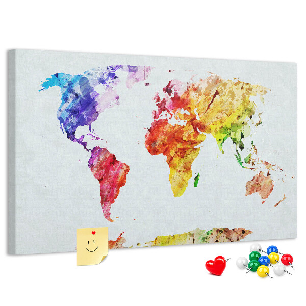 Kurk prikbord met een kleurrijke aquarel wereldkaart