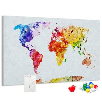 Kurk prikbord met een kleurrijke aquarel wereldkaart