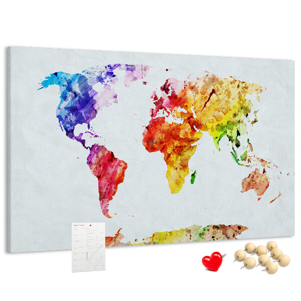 Kurk prikbord met een kleurrijke aquarel wereldkaart