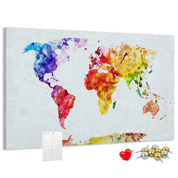 Kurk prikbord met een kleurrijke aquarel wereldkaart