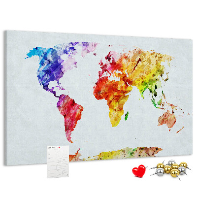 Kurk prikbord met een kleurrijke aquarel wereldkaart