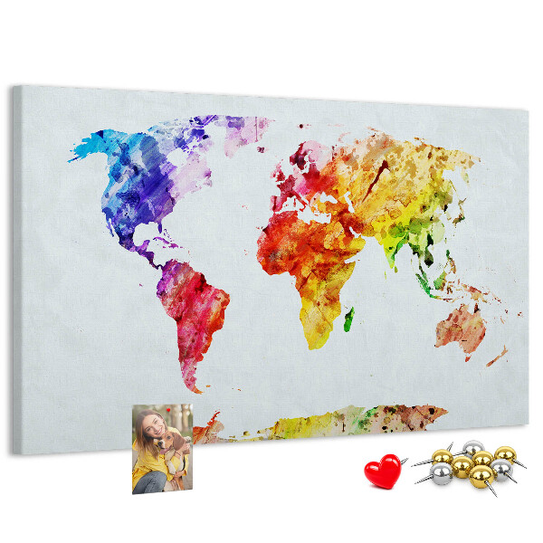 Kurk prikbord met een kleurrijke aquarel wereldkaart