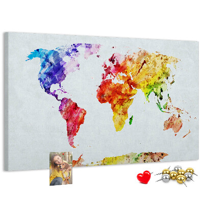 Kurk prikbord met een kleurrijke aquarel wereldkaart
