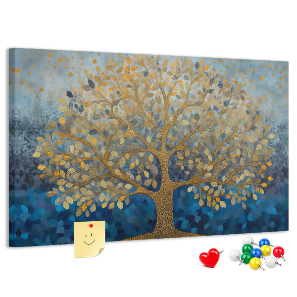 Kurk prikbord met bladgoud op een blauwe boomachtergrond