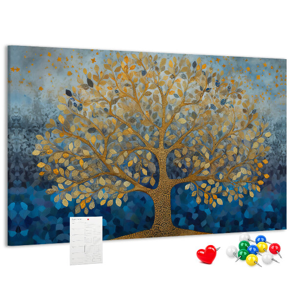 Kurk prikbord met bladgoud op een blauwe boomachtergrond