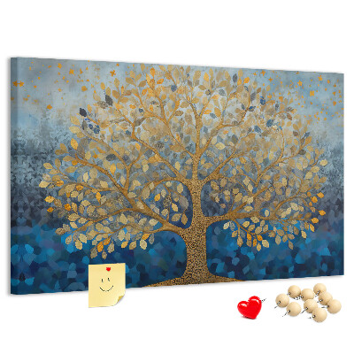 Kurk prikbord met bladgoud op een blauwe boomachtergrond
