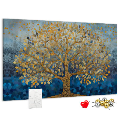 Kurk prikbord met bladgoud op een blauwe boomachtergrond