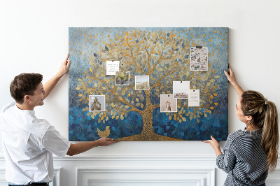 Kurk prikbord met bladgoud op een blauwe boomachtergrond