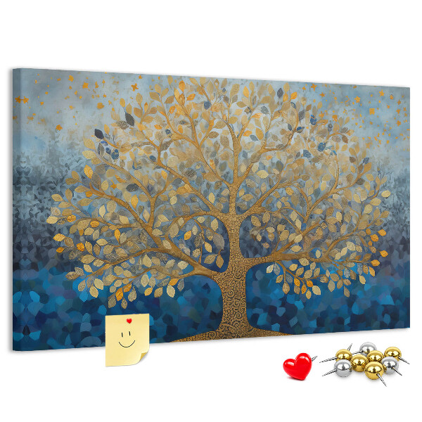 Kurk prikbord met bladgoud op een blauwe boomachtergrond