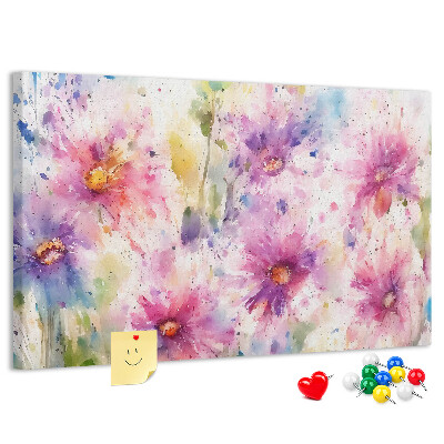 Kurkbord met aquareltekeningen van bloemen in verschillende tinten roze