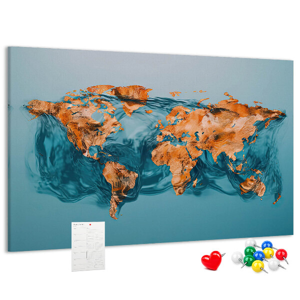 Kurken prikbord met een wereldkaart in rimpelend water