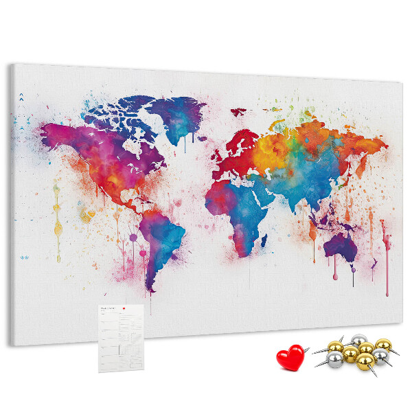 Kurken prikbord met kleurrijke aquarel wereldkaart