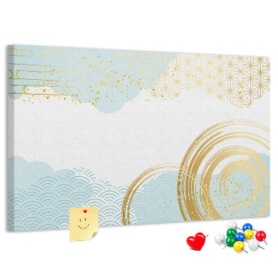 Prikbord met gouden spiralen op een blauwe achtergrond