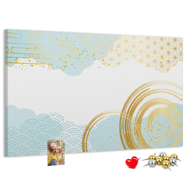 Prikbord met gouden spiralen op een blauwe achtergrond