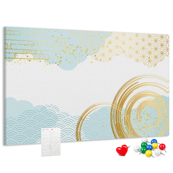 Prikbord met gouden spiralen op een blauwe achtergrond