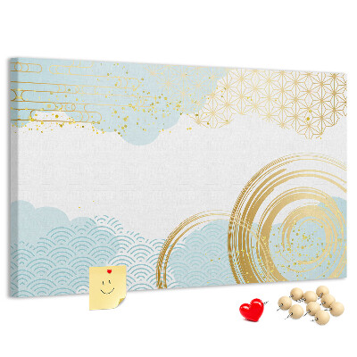 Prikbord met gouden spiralen op een blauwe achtergrond