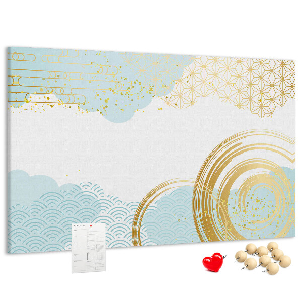 Prikbord met gouden spiralen op een blauwe achtergrond