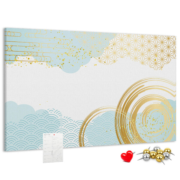 Prikbord met gouden spiralen op een blauwe achtergrond