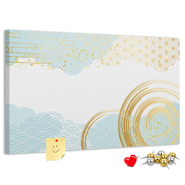 Prikbord met gouden spiralen op een blauwe achtergrond