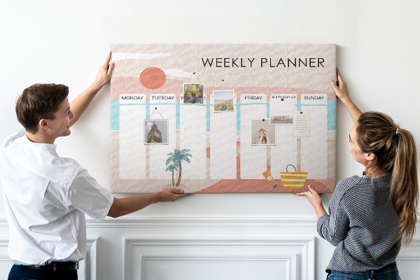 Prikbord weekplanner met een zomers strandthema