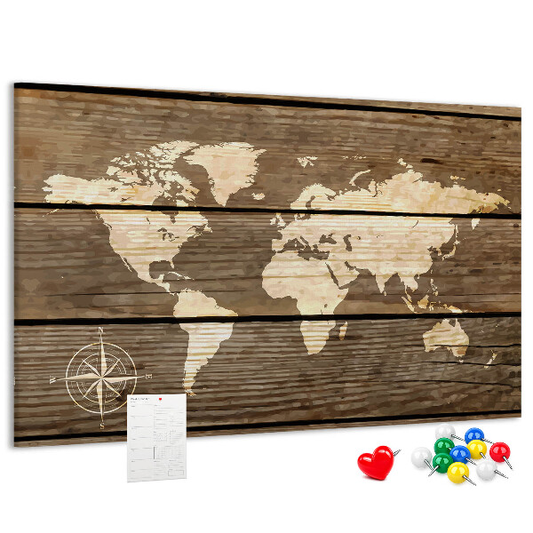 Prikbord wereldkaart op een achtergrond van houten planken