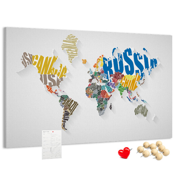 Kurk prikbord wereldkaart met landnamen in kleur