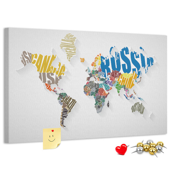 Kurk prikbord wereldkaart met landnamen in kleur