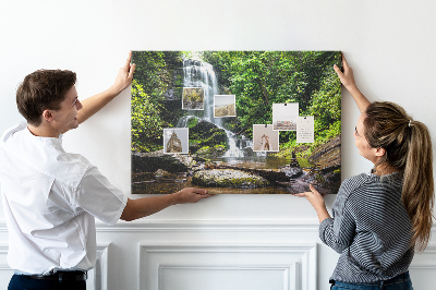 Prikbord met een waterval in een groen bergbos