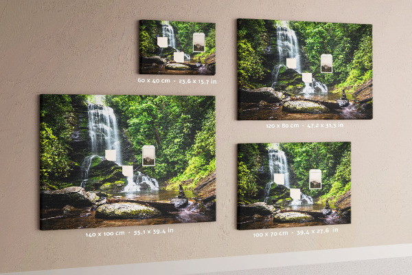 Prikbord met een waterval in een groen bergbos
